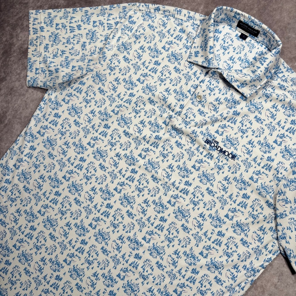 Peter Millar Crown Crafted The Broadmoor Polo Shirt Blue White Mountain Print L